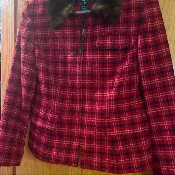 Vintage lauren ralph lauren red plaid faux fur collar jacket women's 8P - Picture 6 of 12